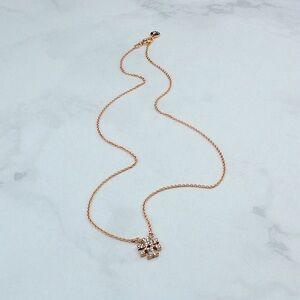 Tory Burch Rose Gold Logo Pendant Necklace with Crystal Accents